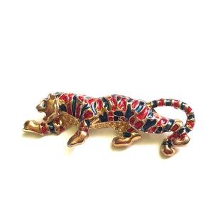 VINTAGE TIGER MULTI COLOR BROOCH PIN GOLD TONED